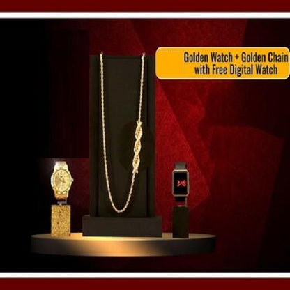 Golden Analog Watch, Designer Chain & Free Digital Watch Combo