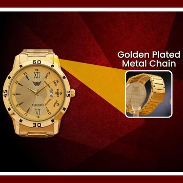 Golden Analog Watch, Designer Chain & Free Digital Watch Combo