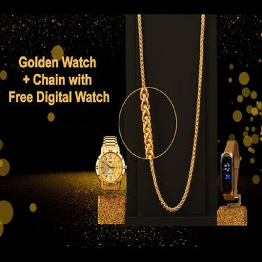 Fidato Golden Watch Combo with Elegant Chain and Magnetic Digital Watch