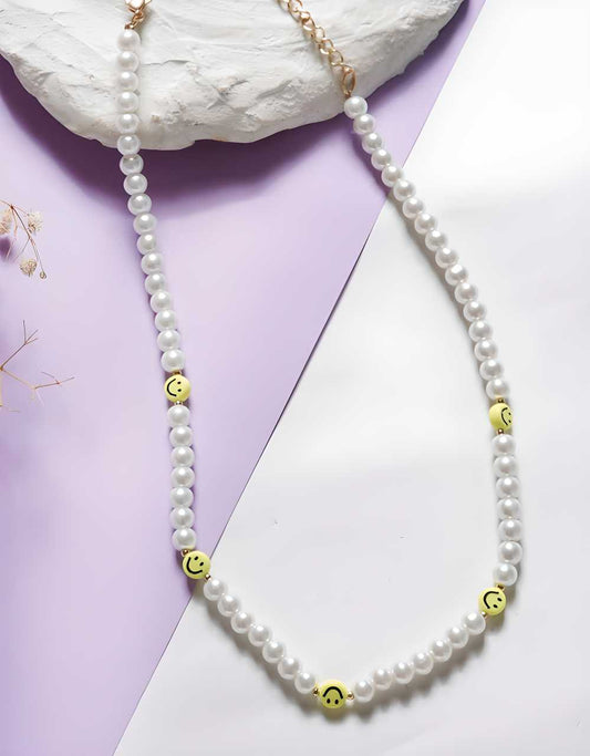 White Pearl & Yellow Smiley Face Necklace – Fun Casual Accessory for Women