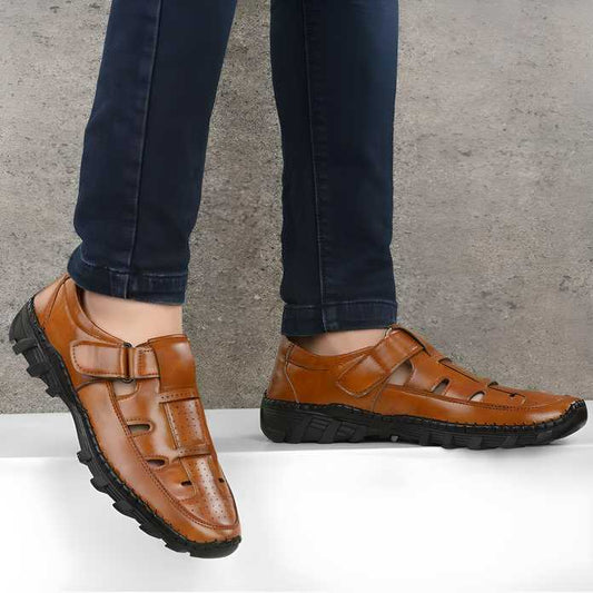 Comfortable Tan Faux Leather Roman Sandals for Men