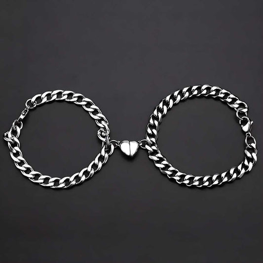 Romantic Silver Heart Magnetic Bracelets – Stainless Steel Chain for Couples